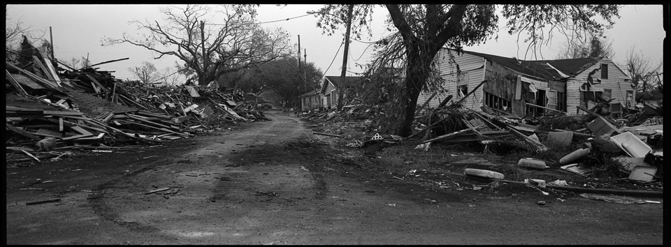 lower 9th ward after hurricane katrina - panoramic of street