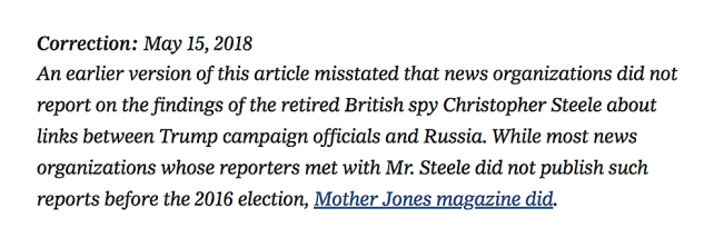 New York Times correction: Mother Jones did report on Steele memos.