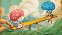 A cartoon illustration of a pink "girl" brain in a dress and a blue "boy" brain in shorts facing each other on a see-saw.