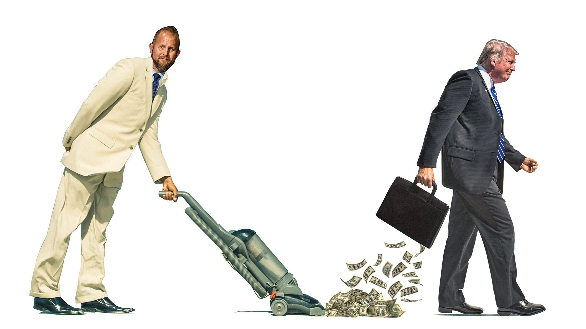 A photo of Brad Parscale in a suit vacuuming up cash falling out of Donald Trump's briefcase.