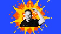 Collage of a relatively pleased Elon Musk in black and white against a 16-bit image of a red, orange and white explosion.