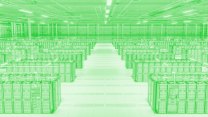 A green tinted computer data center full of server racks