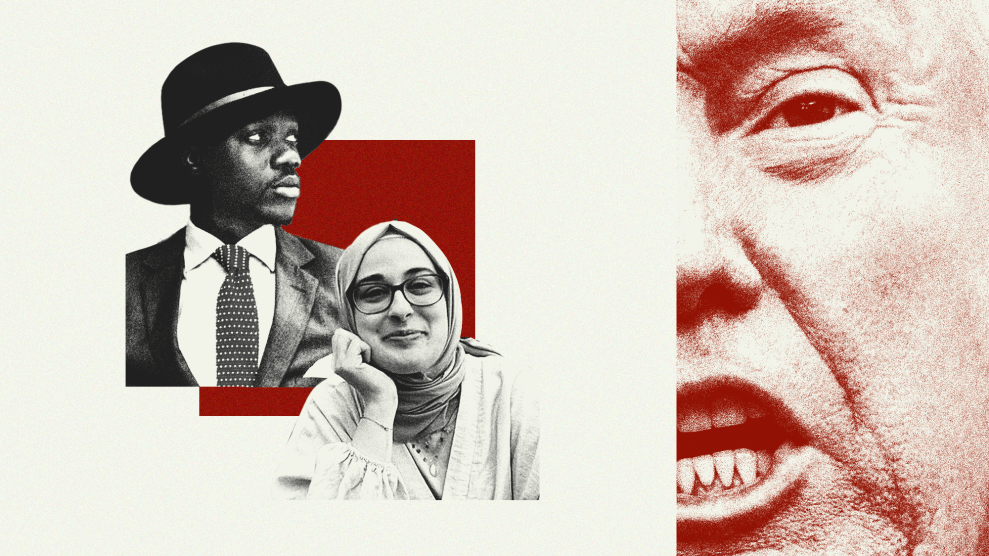 A collage illustration featuring cutout images of Momodou Taal and Rumeysa Ozturk in black and white set against a red square on a light background. To the right of them is a tightly cropped image of Donald Trump's face in which he is baring his teeth. Taal's image shows him in suit and dotted tie with a white shirt and stylish hat. He looks to our right, seemingly at Trump. Ozturk is wearing glasses and has a gentle smile. She is resting her head on her hand and has a hijab wrapped neatly around her head and neck, complementing her outfit.
