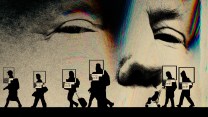 Photo collage featuring the silhouettes of immigrants (men, women, children) walking in a line; a facial recognition technology program box is overlaid on each of their heads. A distorted photograph of a glaring Donald Trump looms above the crowd.