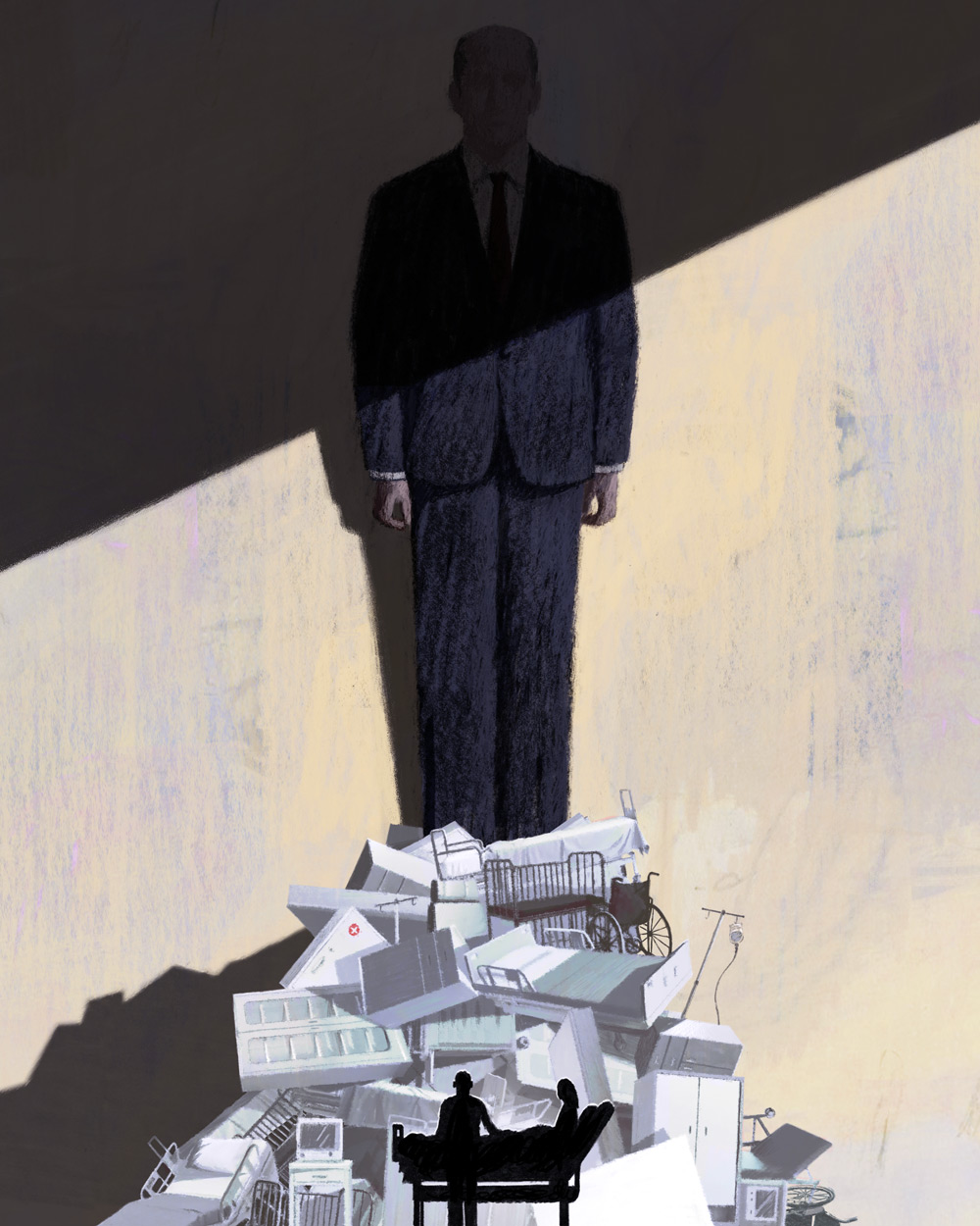 A tall businessman-like figure looms over a crumbling hospital and family
