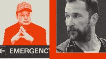 A split-screen collage. On the left is a red-tinted image of Elon Musk wearing a baseball hat that says, "Trump was right about everything," and steepling his fingers in front of him. It appears over a sign reading, "Emergency." On the right is a black-and-white image of a bearded man in medical scrubs with a stethoscope around his neck, looking off to the side toward Musk.