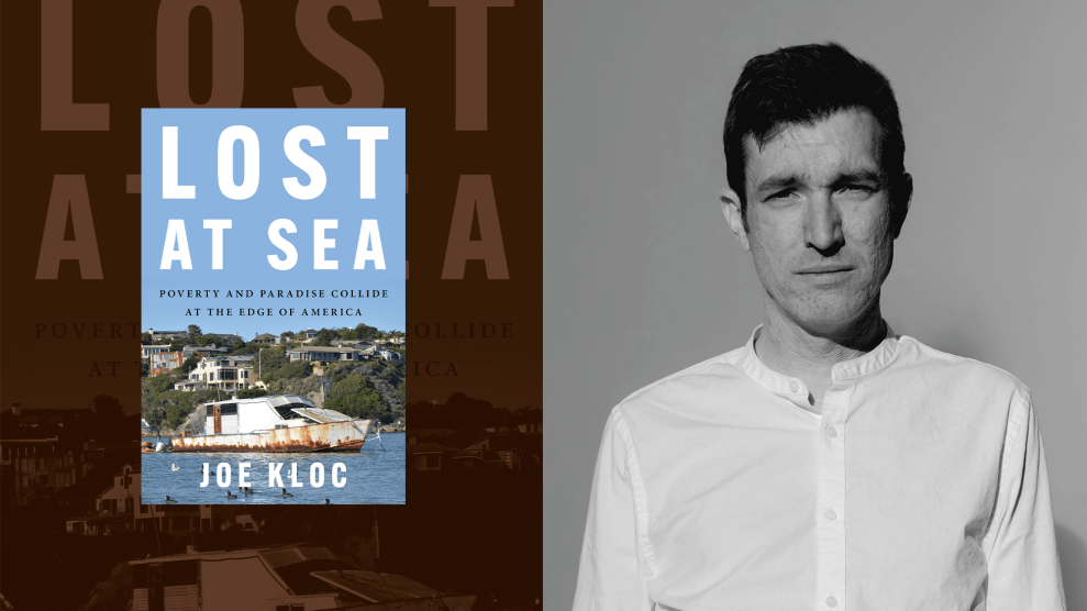 A collage that divides the image in two. On the left half is the book cover for "Lost at Sea," and on the right is a black-and-white photo of the author, a middle-aged Caucasian man in a white collarless, long-sleeve button-up shirt.
