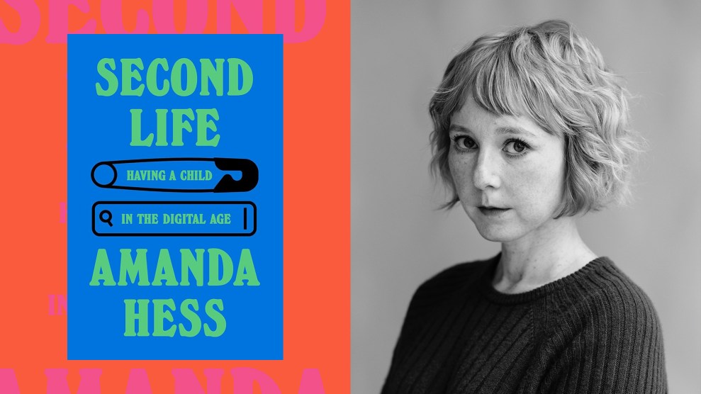 Photo collage featuring the book cover for "Second Life: Having a Child in the Digital Age" on the left and a black and white portrait of the author Amanda Hess on the right.