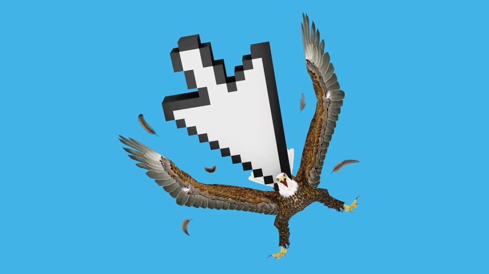 An illustration of a computer cursor arrow stabbing a bald eagle in the back
