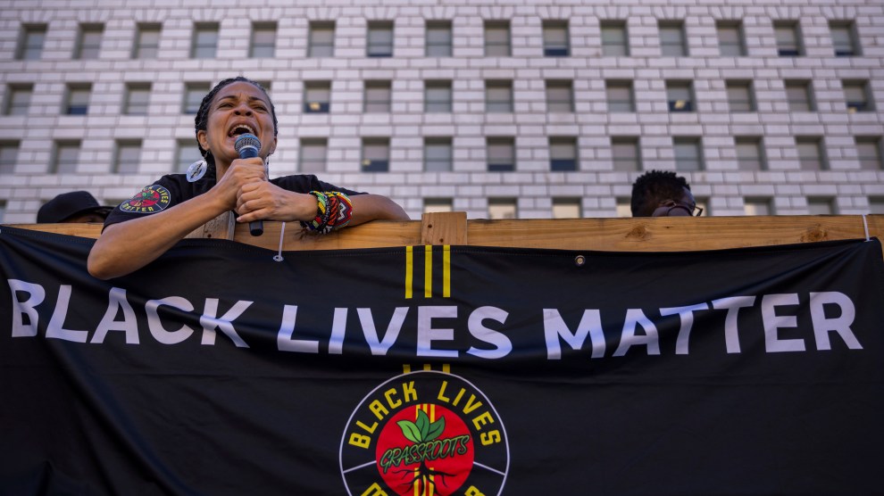 Dr. Melina Abdullah leads a BLM protest in Los Angeles, May 21, 2025
