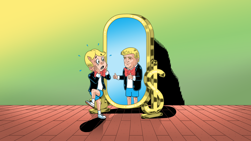 A colorful drawing in which a character meant to be Richie Rich stares in a golden framed full-length mirror aghast at what's reflecting back at him. The likeness staring back at Richie Rich is Donald Trump. Richie Rich has blond hair parted down the middle. He's wearng a black jacket and oversized red bowtie. He's also wearing blue shorts and white sneakers. RIchie's body is contorted, left leg hanging in mid air, as both of his hands clutch his face in utter shock. Donald Trump's character is dressed exactly like Richie, but has the famous Donald Trump swoop of hair. He's also giving Richie thumbs up with both hands.