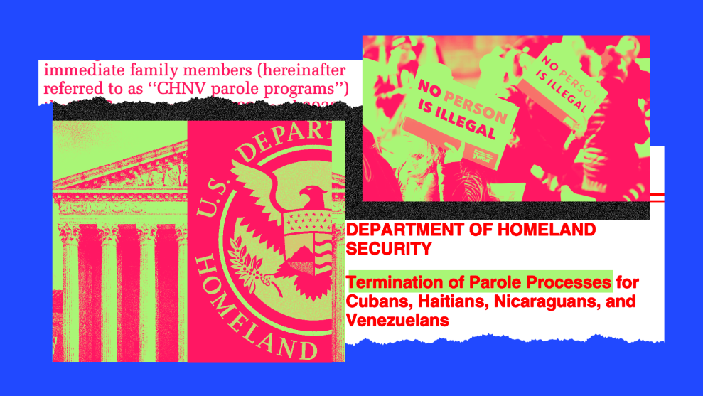 A photo collage in blue, magenta and green of a photo of the Supreme Court, the seal of the Department of Homeland Security, documents, and a photo of a protest. In the protest, people hold signs that read: "NO PERSON IS ILLEGAL." One of the documents reads "Termination of Parole Processes for Cubans, Haitians, Nicaraguans, and Venezuelans.