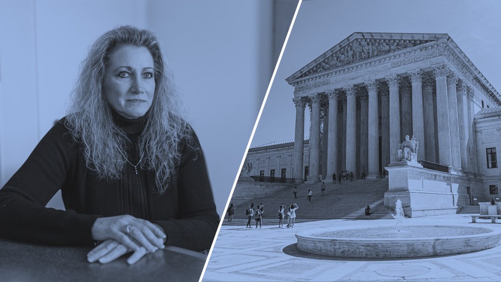 A blue tinted diptych made up of a photo of a seated woman in a black sweater on the left, and a photo of the Supreme Court Building in Washington DC on the left.