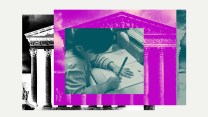 A collage in magenta and blue of the facade of the United States Supreme Court building overlayed by a young girl working on her homework in a classroom.