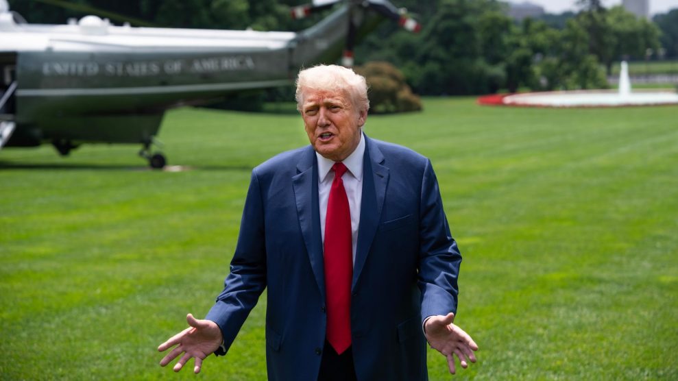 Trump speaking on the White House lawn.