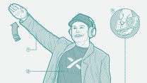 Technical illustration of Elon Musk wearing a TESLA hat, STARLINK shirt, giving the sieg heil salute, and listening to an episode of The Joe Rogan podcast.