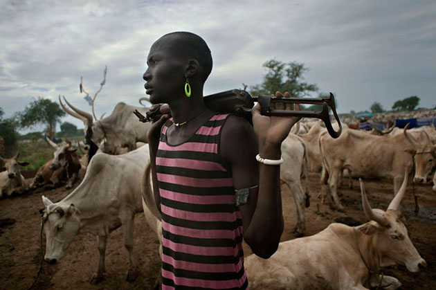 Bir-Diak cattle camp of the Pakam Clan of the Dinka Tribe, Rumbek North Country, Lakes State. Cattle keepers refused to surrender their weapons during the last disarmament because they have to defend themselves during cattle raids that cost many lives each year.