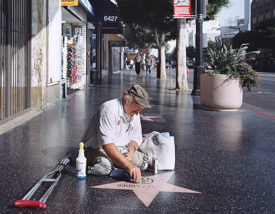 Legless star cleaner on the Hollywood Walk of Fame