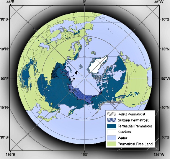 Map of Northern Hemipshere permafrost on land and under the Arctic Ocean: