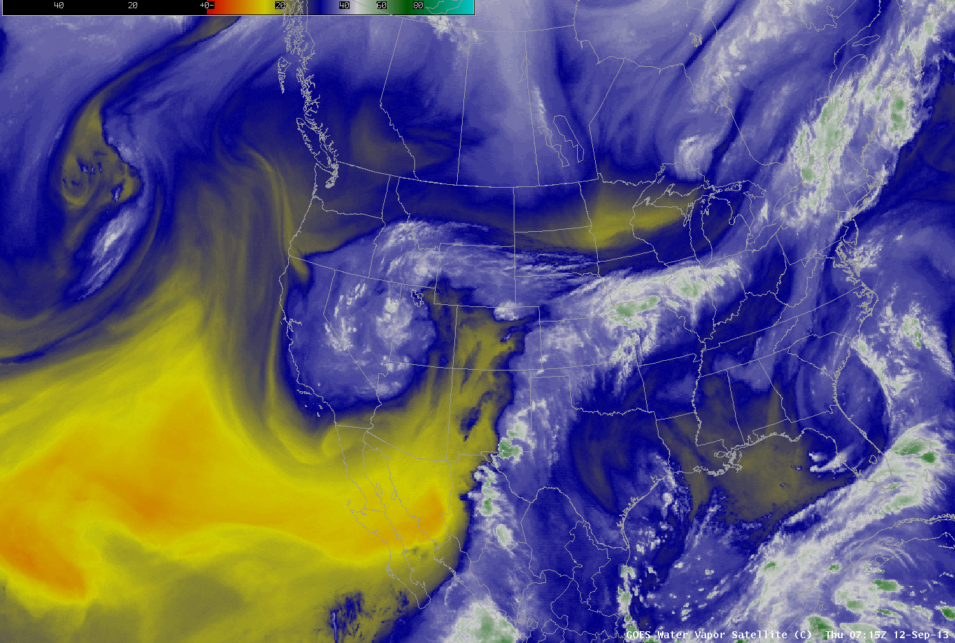 Water vapor satellite image showing tropical moisture pulled over Colorado.