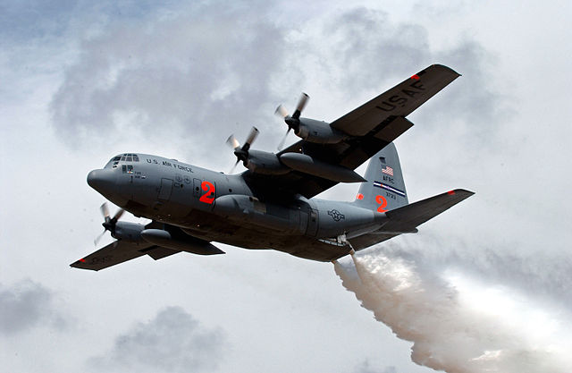 C-130 air tanker dropping water: Technical Sergeant Rick Sforza, United States Air Force, via Wikimedia Commons