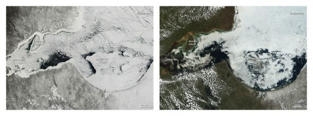 Hudson Bay melting ice and snow. Left: 06 April 2012. Right: 05 June 2012:eft NASA Earth Observatory image by Jesse Allen using data obtained from the Land Atmosphere Near real-time Capability for EOS (LANCE). 