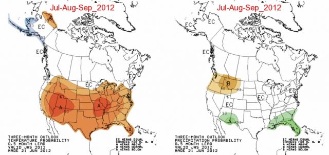 July to September temperature and precipitation predictions (click for larger version): NASA | Climate Prediction Center