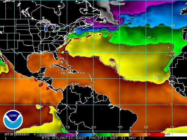 Sea surface temperatures on 1 June 2012, in degrees C. NOAA
