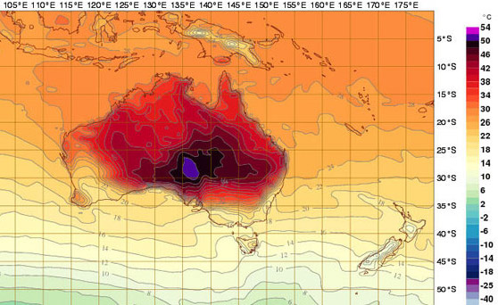 Predicted temperatures in Australia for Monday, Jan. 14, 2013.
